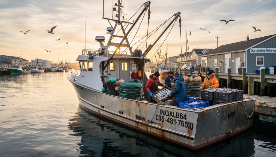 Commercial fishing vessel at an Australian harbor during golden hour with wet deck details and harbor infrastructure in the distance