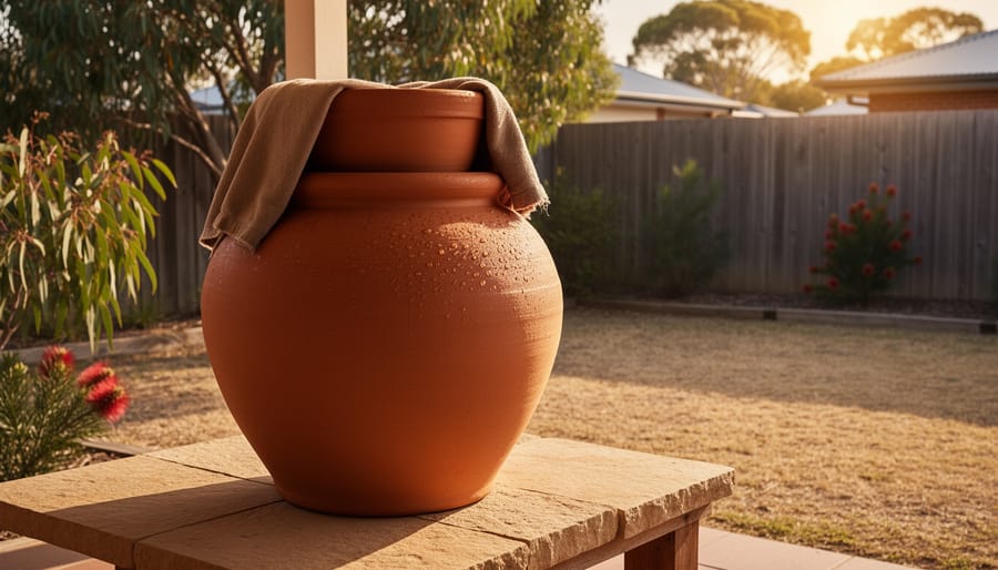 Terracotta clay pot evaporative cooler on a shaded veranda ledge beside an open window.