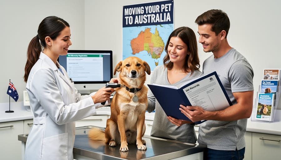 A veterinarian holds a microchip applicator near a dog’s shoulder in a clinic exam room.