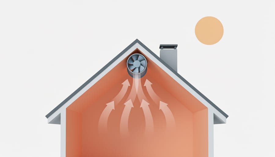 View into a roof space showing an exhaust vent area with subtle heat haze near the fan opening