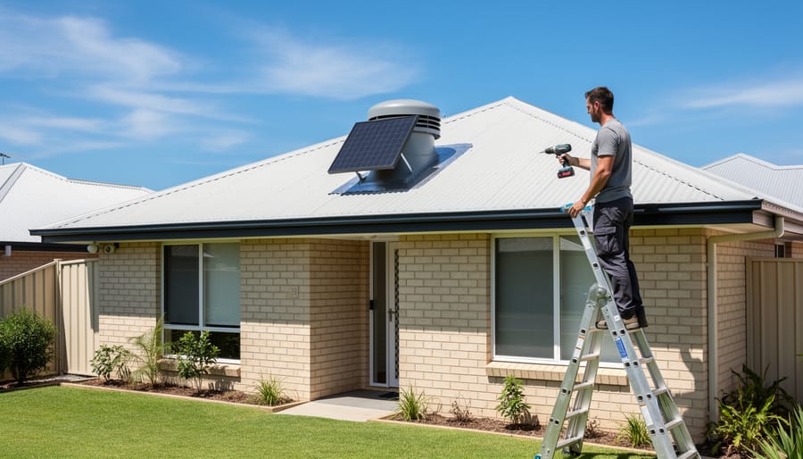 DIY solar exhaust fan mounted on an Australian home roof during golden hour