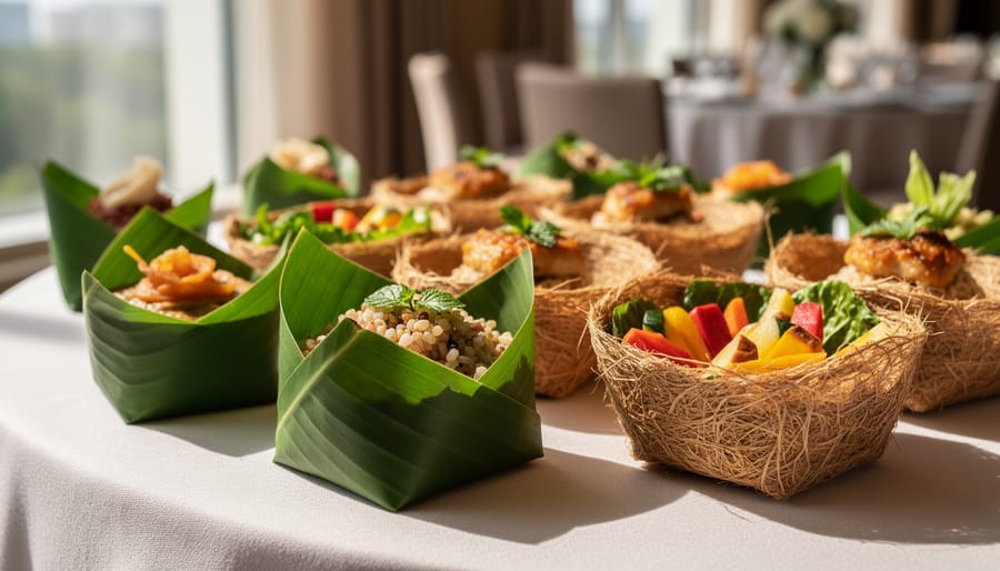 Banana leaf and natural fiber food wraps used for serving food at an outdoor event table.