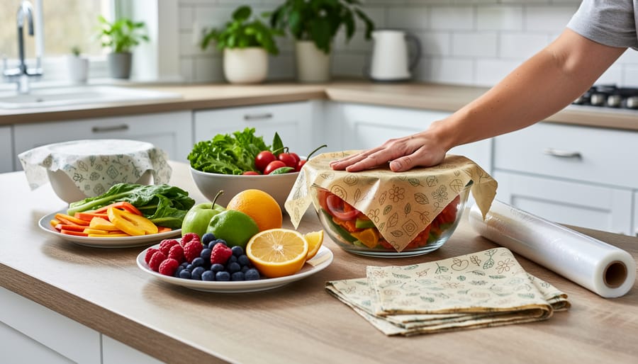Beeswax and vegan reusable food wraps covering a bowl of salad on a cutting board.