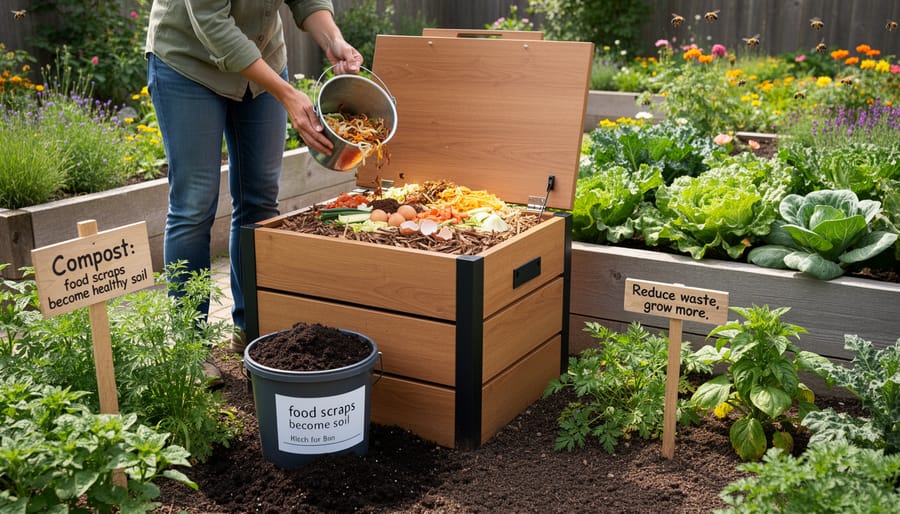 Hand adding dark compost to a raised garden bed near a compost bin in a community setting.