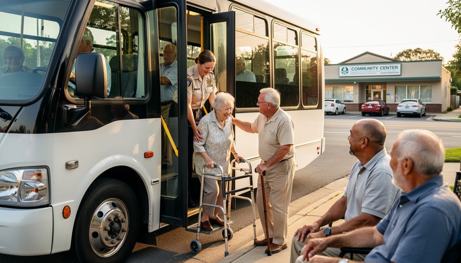 Volunteer helping an older person enter a community minibus in a rural town street