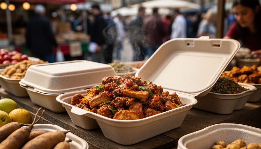 Take-away food in compostable bagasse containers on a market stall table.