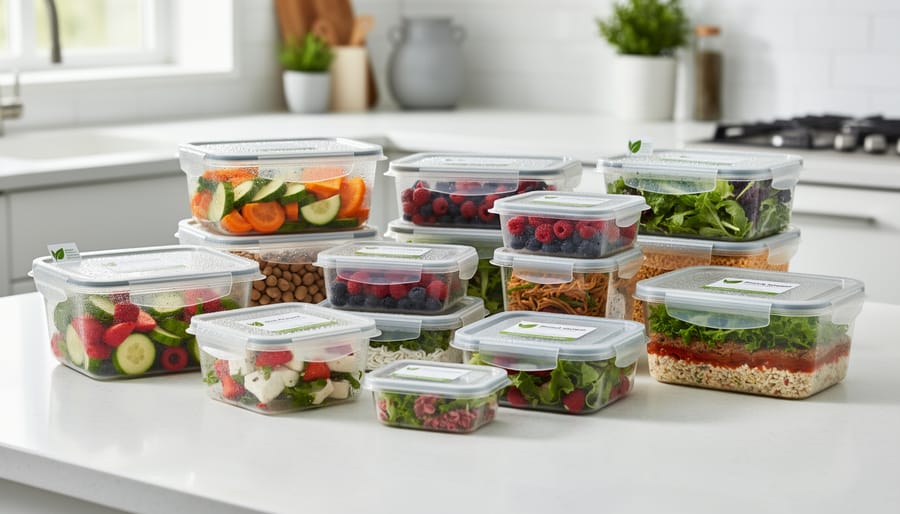 Clear plant-based bioplastic containers next to a bowl of cold salad.