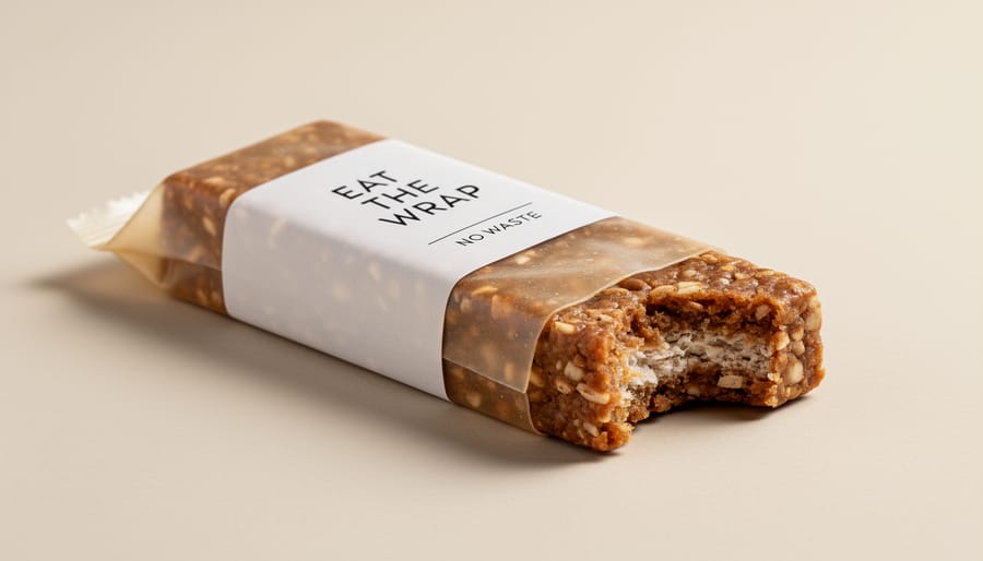 Close-up of a thin edible wrapper holding a small snack at a cafe counter.