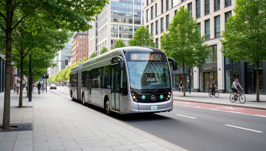 Electric bus on a city street during golden hour with trees and pedestrians in the background