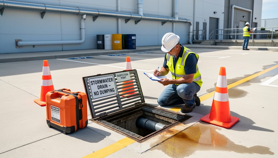 Engineer inspecting a stormwater pit at an industrial site