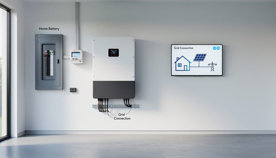 Home battery energy storage unit installed in a backyard beside solar equipment.