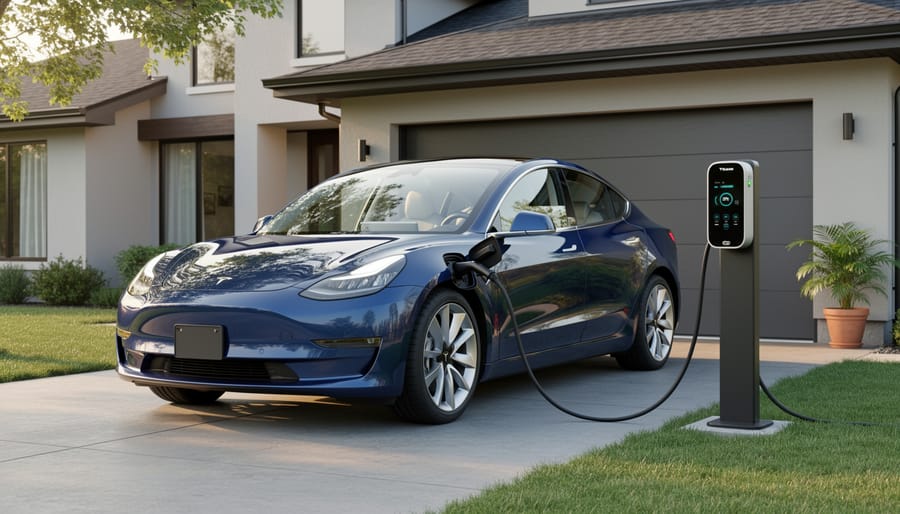 Electric car parked beside a home charging station with a person holding the charging cable