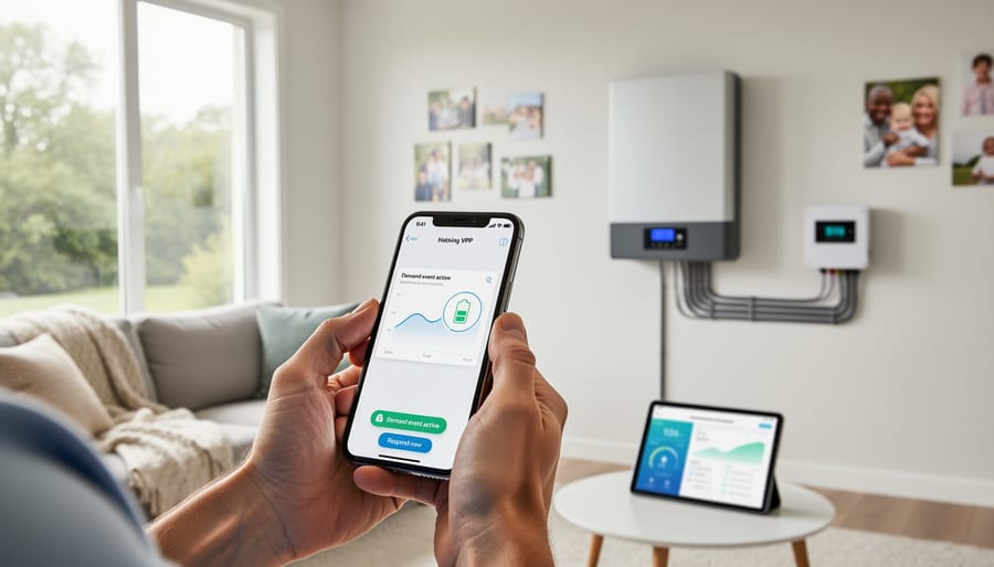 Person holding a smartphone at home with energy system equipment softly visible in the background reflection.