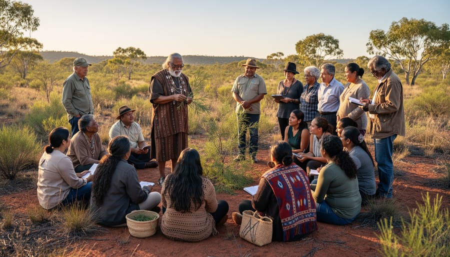Indigenous ranger teaching beside a native bush tucker garden with attendees in soft focus.