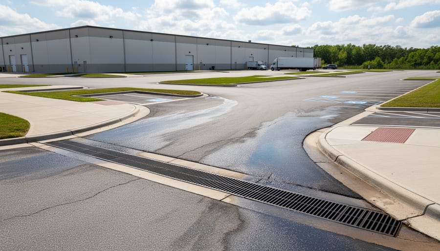 Industrial loading area with visible stormwater drains in paved ground
