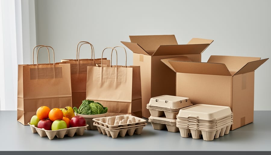 Recycled paper and cardboard packaging with a molded pulp tray holding fresh berries.