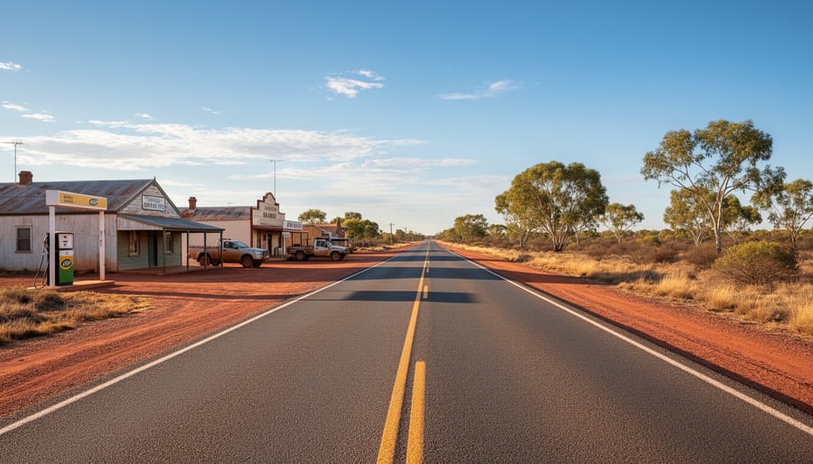 Vehicles parked by a remote country road near a simple bus stop shelter with sparse gum trees in the distance