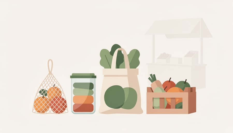 Person carrying a reusable bag with fresh produce at a farmers market.
