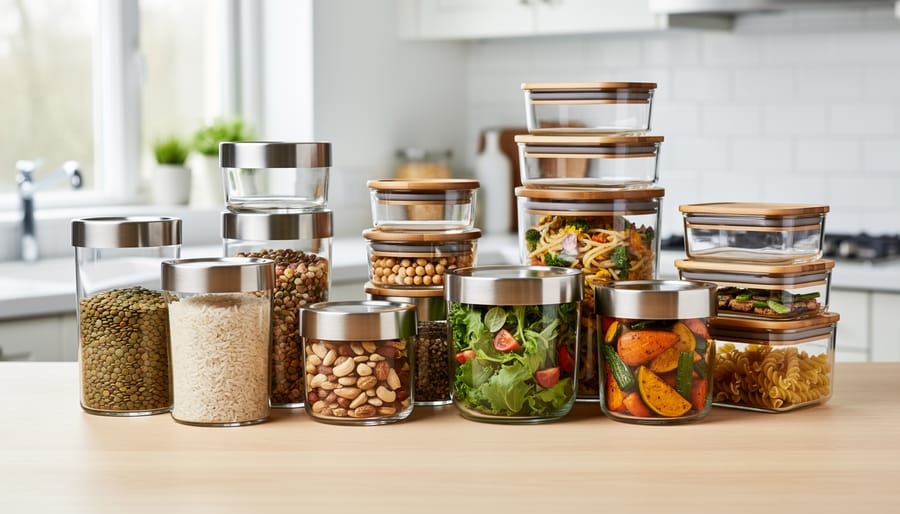 Stainless steel and glass meal-prep containers with reusable lids on a kitchen counter.