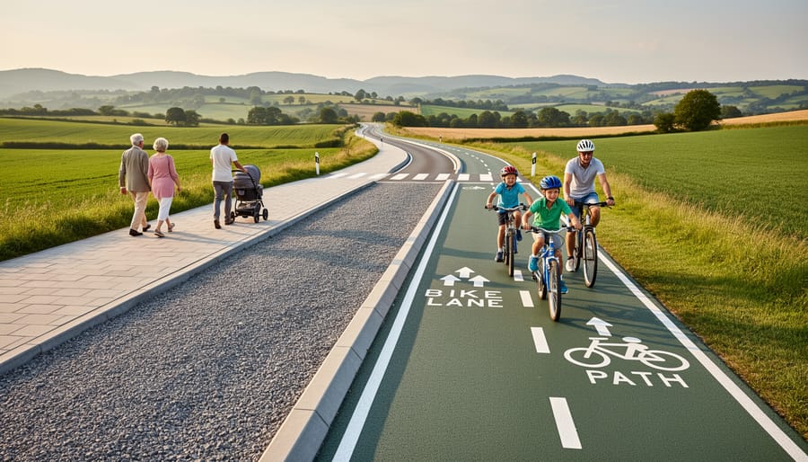 Cyclist riding on a rural shared pathway alongside a sidewalk during golden hour