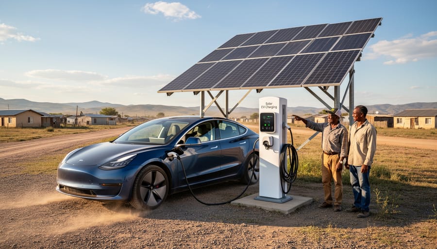 Electric vehicle plugged into a rural charging station with solar panels in the background