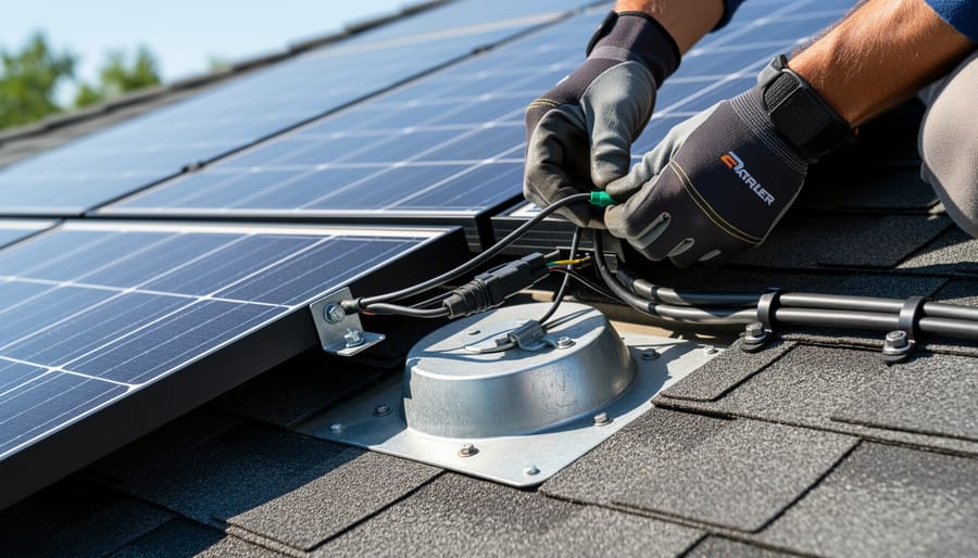 Close-up of a gloved hand mounting a solar panel and routing cables for a roof exhaust fan