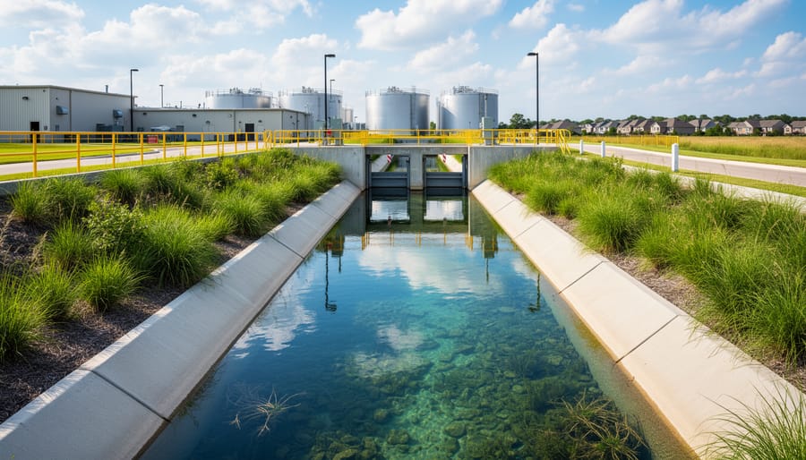 Waterway receiving runoff with natural ripples near an industrial area
