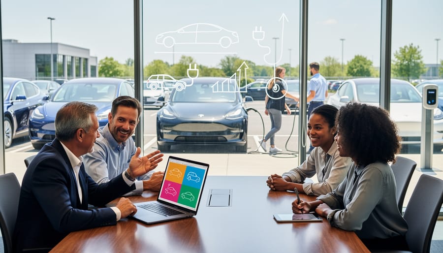 Keys and a smartphone on a desk with an electric vehicle visible in the blurred background
