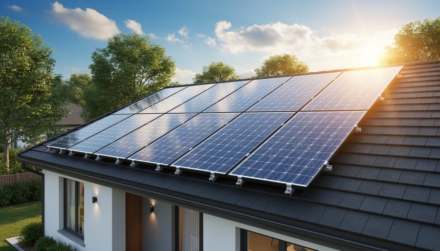 Sunlit rooftop solar panels on a modern Australian home