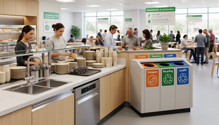 Reusable stainless-steel food containers and a compost caddy in an Australian café service area.