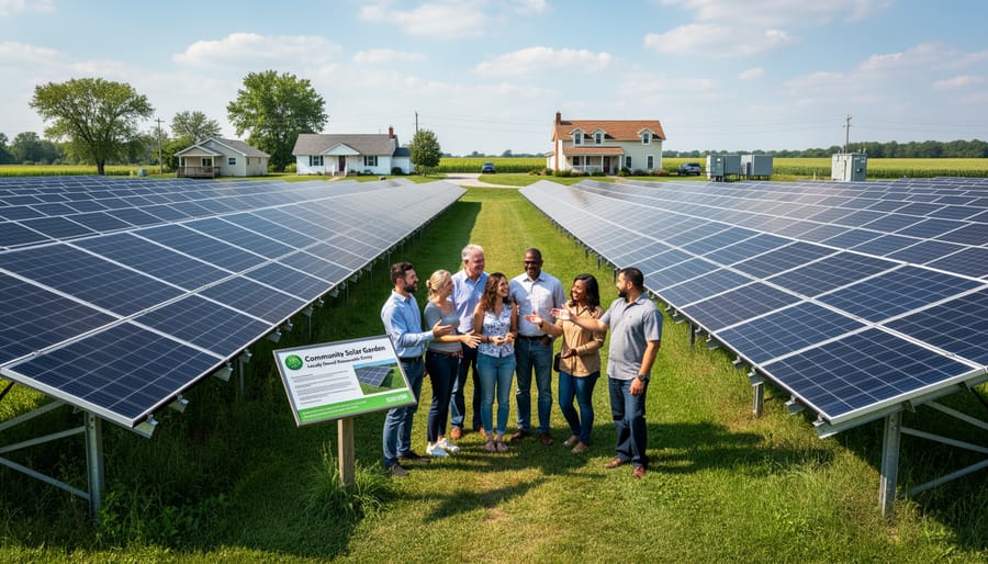 Ground-mounted solar arrays in an outdoor community solar garden at golden hour