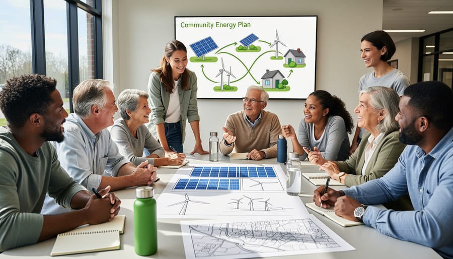 A diverse group of Australians meeting in a community hall while discussing solar project planning
