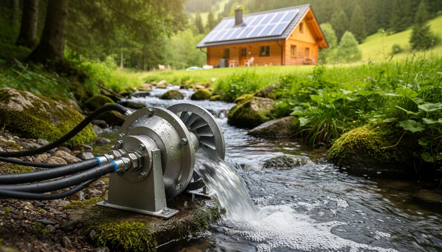 Compact micro-hydro turbine beside a flowing creek in a natural Australian landscape