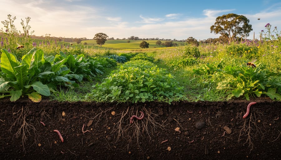 Macro close-up of dark fertile soil with visible plant roots and earthworms.