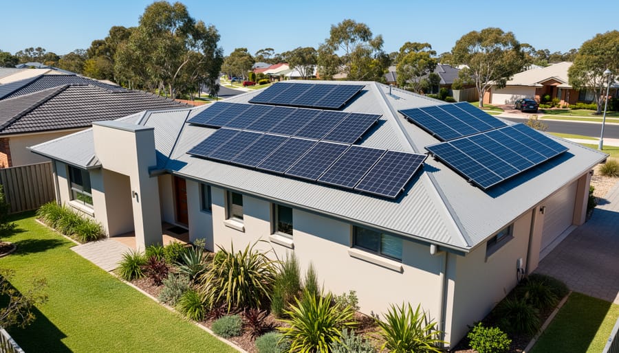 Rooftop solar panels on a modern Australian house in golden-hour sunlight