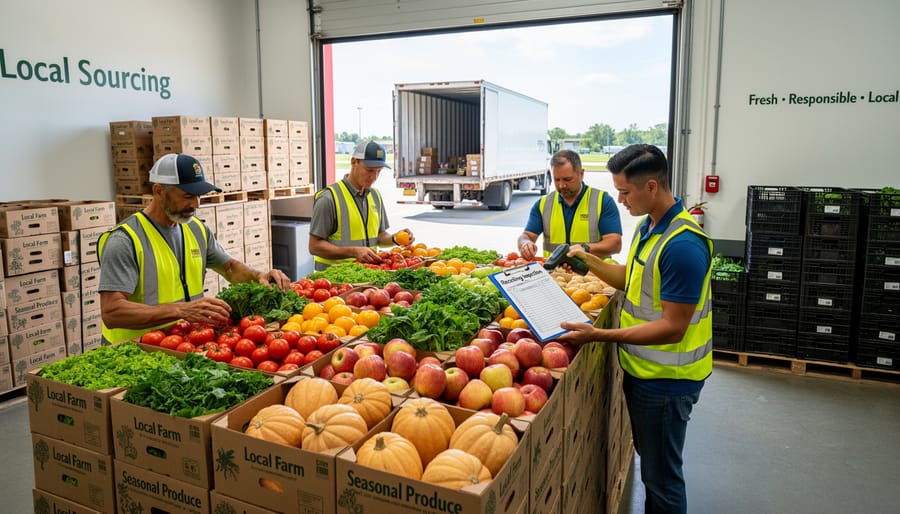 Chef and staff inspecting seasonal produce in a loading bay with crates of fresh vegetables and fruit.