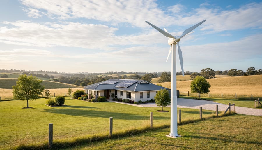 Small wind turbine on a rural Australian property under an overcast sky