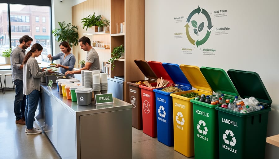 Reusable cutlery and ceramic plates on a catering table with covered compost bins in the background.
